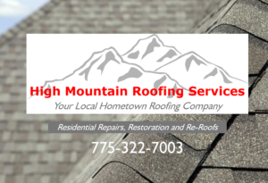 Brown roofing tiles with company logo, mountain outlines and company name High Mountain Roofing Services
